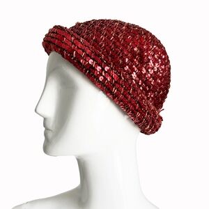 Vintage 1970s Halston Sequin Skull Cap Beanie – Red Disco Era Studio 54 Glam